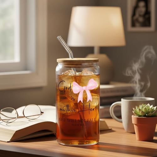 IWXYI Pink Coquette Bow Christian Glass Cup with Lids and Straws 14oz, God Is within Her She Will Not Fall Bible Verse Religious Iced Coffee Tea Drinking Glasses with Cleaning Brush - color: Pink bow