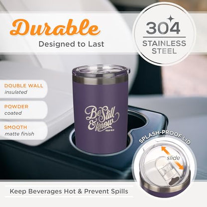 Christian Art Gifts Stainless Steel Double Wall Vacuum Insulated Tumbler 18 oz - color: Purple/Be Still