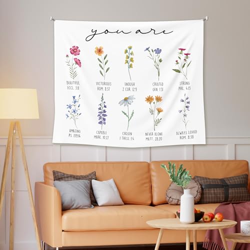 EGBTL Floral Christian Tapestry, Christian Wall Tapestry for Girls Room, Religious Inspirational You Are Bible Verses Tapestries Wall Hanging Decor for Home Church Prayer Room, 50x60 Inches