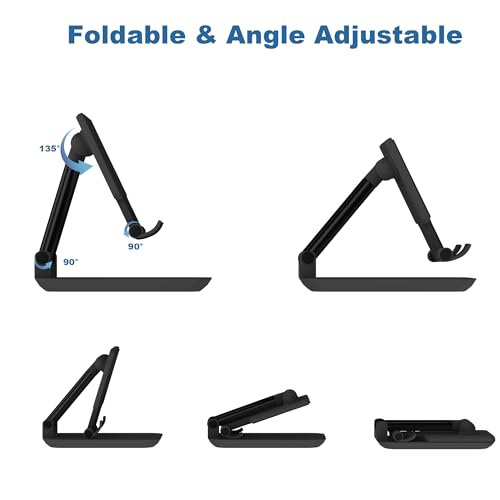 Cell Phone Stand,Adjustable Angle Height Phone Stand for Desk,Fully Foldable/Portable Phone Holder with Silicon Pad for iPhone 16/15/14/13/12/Smartphones,All Mobile Phones (Black) - color: Black