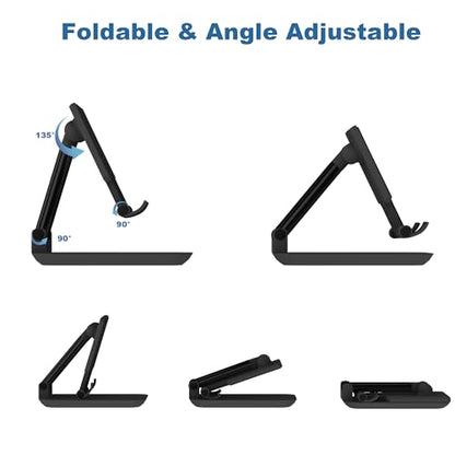 Cell Phone Stand,Adjustable Angle Height Phone Stand for Desk,Fully Foldable/Portable Phone Holder with Silicon Pad for iPhone 16/15/14/13/12/Smartphones,All Mobile Phones (Black) - color: Black