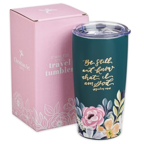 Christian Art Gifts Large Be Still and Know Travel Mug Tumbler for Women - color: Teal Floral/Be Still
