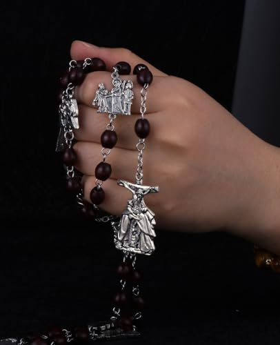 14 Stations of Cross Pendant Chaplet Rosary Necklace 7x9mm Wooden Prayer Beads Chain Sacraments Jewelry