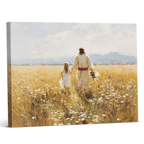 Christian Floral Jesus Wall Art Decor Vintage Jesus and Little Disciple Print Picture Painting Religious Wall Decor for Prayer Room Farmhouse 8x10 Inch Canvas Framed - color: color-F