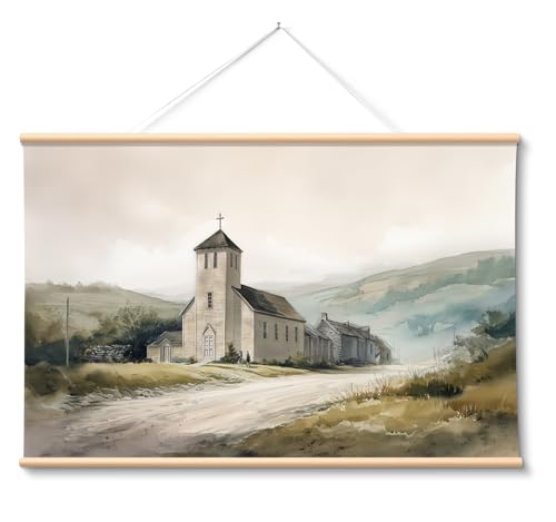 VIYYIEA Large Framed Christian Wall Art, 24x36 Inch Rustic Country Church Canvas Print, Neutral Religious Landscape Wall Decor for Living Room Prayer Room Church - color: Country Church