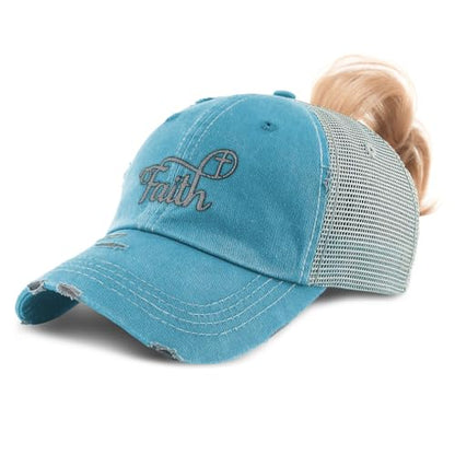 Ponytail Cap Women's Baseball Cap Embroidered Faith Christian Cross Faith Jesus Christ Cotton - color: Turquoise Design Only
