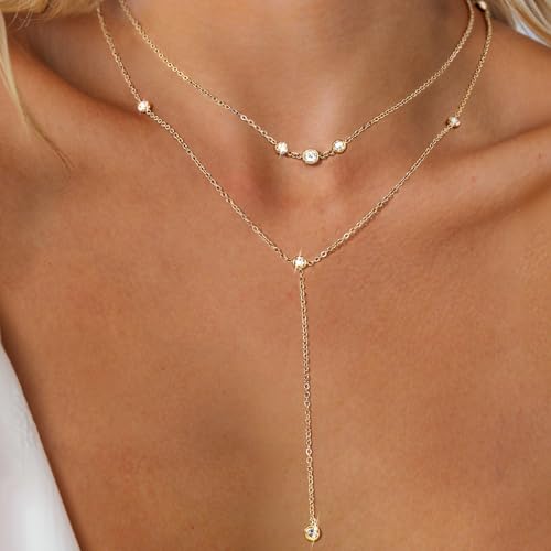 Sterling Silver 14K Gold Plated Dainty Layered Long Necklace for Women - color: Gold-CZ