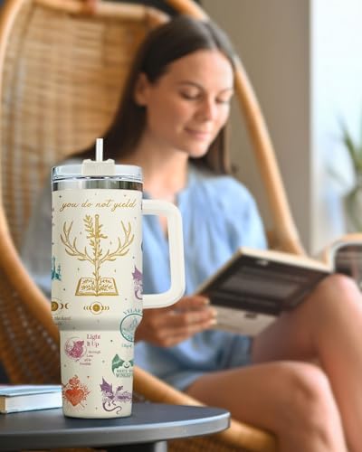 Fantasy Bookish Tumbler 40oz with Handle and Straw - color: Bookish Yellow