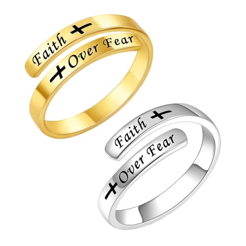 Faith Over Fear Cross Inspirational Rings for Women Daughter, Christian Blessed Hope Love Encouragement Rings Adjustable Open Tiny Purity Wrap Thumb Cross Ring Jewelry Graduation Cocktail Party - color: Gold&Silver