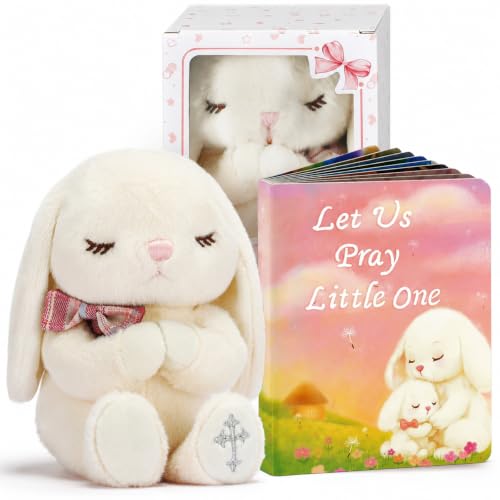 Baptism Gifts for Girls, Christening Gifts for Girls and Baby Dedication Gift Set for Newborn Baby, Includes 7-Inch Praying Bunny Stuffed Animal, Let Us Pray Baby Book and Keepsake Gift Box - color: Pink