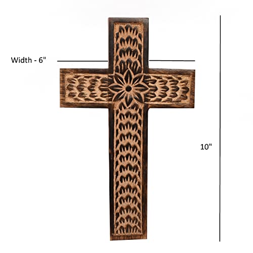 Samhita Mango Wood Wall Cross, Jesus Christ Floral Carving Family Cross Decor,Home Decoration (10" x 6" x 0.5")