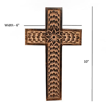 Samhita Mango Wood Wall Cross, Jesus Christ Floral Carving Family Cross Decor,Home Decoration (10" x 6" x 0.5")