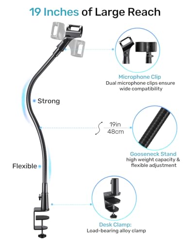 19-in Gooseneck Mic Stand with Desk Clamp, 3/8 & 1/4 Adapters, 360° Swivel - size: Upgraded Clamp