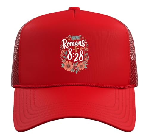 Romans 8:28 Bible Verse Flowers Cross Christian Women Trucker Hat with Adjustable Mesh Back - color: Red