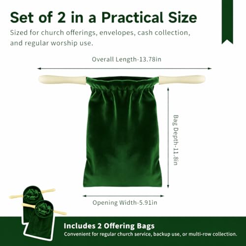 2 Pack Church Offering Bags with Wooden Handles, Deep Green Velvet Tithe Collection Bags with Neat Open Shape, Lined Interior, for Worship Service, Church Giving, Tithes and Donation Collection