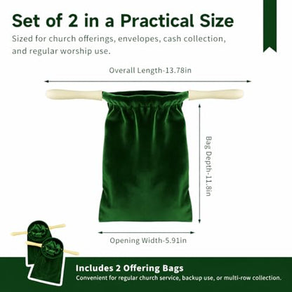 2 Pack Church Offering Bags with Wooden Handles, Deep Green Velvet Tithe Collection Bags with Neat Open Shape, Lined Interior, for Worship Service, Church Giving, Tithes and Donation Collection