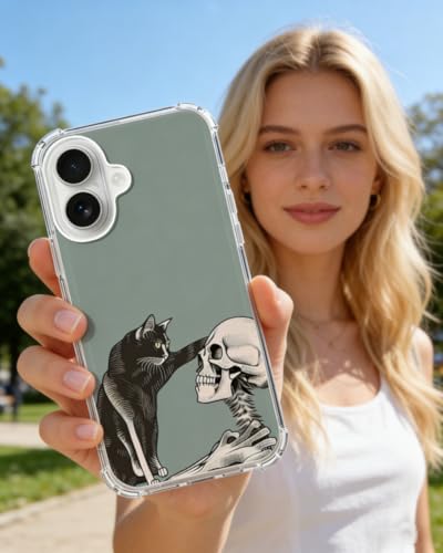 Cat and Skull Phone Case Compatible with iPhone 17, Hippie Creepy Black Cat and Skeleton Phone Cover for iPhone 17 - color: Cat and Skull