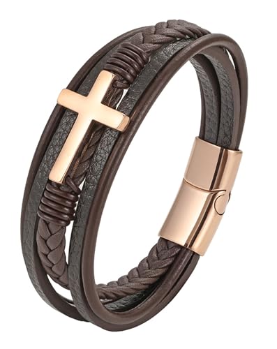 Cross Leather Bracelet for Men, Multi-Layer Braided Mens Religious Cuff Bracelets with Stainless Steel Clasp Anniversary Father's Day Birthday Christmas Jewelry Gifts for Him - color: Rose Gold Clasp & Black Leather