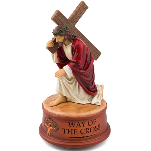 Way of The Cross Jesus Figurine Music Box,Christian Religious Collectible Statue Playing How Great Thou Art,Hand-Painted Jesus Carrying Cross Figurine,Faith Based Prayer Corner Decor,Lent Easter Gift