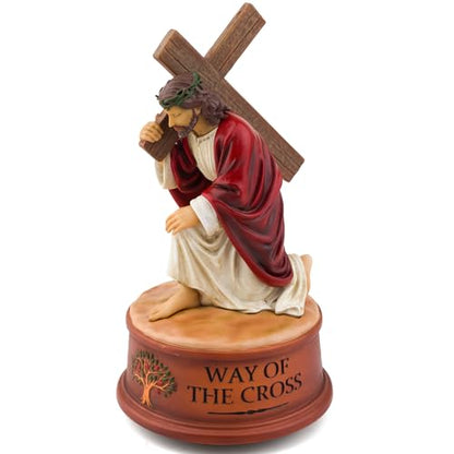 Way of The Cross Jesus Figurine Music Box,Christian Religious Collectible Statue Playing How Great Thou Art,Hand-Painted Jesus Carrying Cross Figurine,Faith Based Prayer Corner Decor,Lent Easter Gift