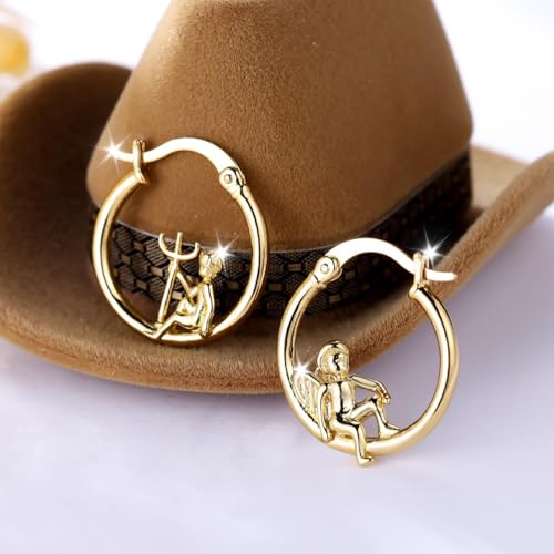 Angel Devil Mismatched Hoop Earrings for Women - 14K Gold Plated Cherub Hoop Earrings, Hypoallergenic 925 Sterling Silver Posts Cute Edgy Jewelry Gifts