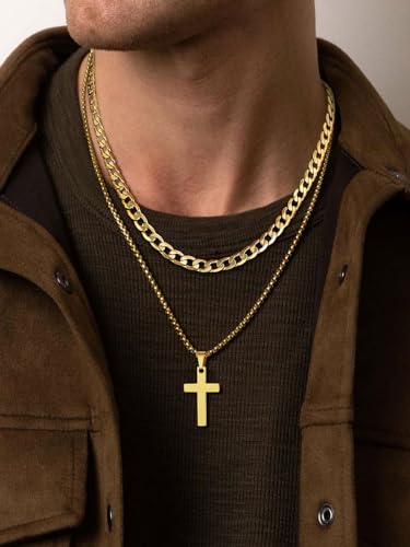 FaithHeart Cross Necklace for Men, Silver/Black/Gold Crucifix Necklace Stainless Steel Pendant with Cuban Chain Jesus Cross Necklaces Religious Gifts for Men - color: 01. Cross-Gold, size: Chain Length 22in/24in