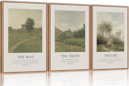 SIKERIC Vintage Christian Bible Verse Wall Art Set of 3, The Way The Truth The Life Framed Canvas Art Painting, Scripture Jesus Art Prints, Modern Village Decoration for Living Room, Church-16x24 - color: Bible Verse, size: 16"L x 24"W