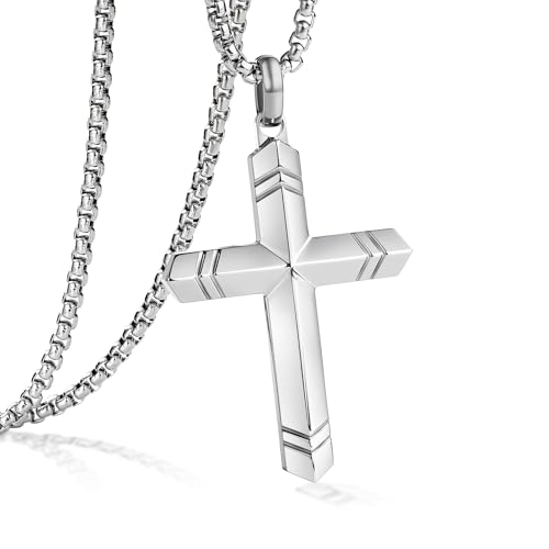 Stainless Steel Cross Necklace for Men with Adjustable Box Chain Christian Cross neckalce Gift - color: Silver-A