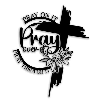 Cross "Pray Over It" Flower Metal Wall Decor - Christian Room Decor Inspirational Wall Art Home Decor for Living Room, Bedroom, Dining Room, Bathroom, Office (Black)