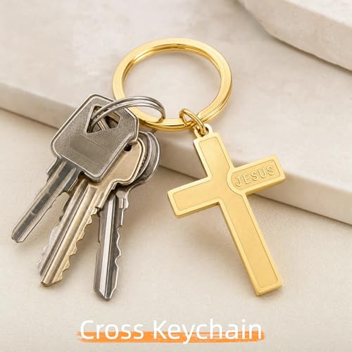 Cross Keychain for Men,Jesus Key Chain Christian Car Key Accessories，Easter Christmas Religious Gift,Purse Bag Charms - color: Gold Jesus