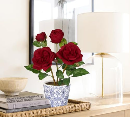 Hollyone Red Real Touch Roses Artificial Flowers in Vase Blue and White Porcelain Ceramic Pot 13.4" Fake Roses Flower Arrangement Artificial Plants & Flowers Potted Plant Faux Silk Rose Flower - color: Rose 3 - Red (13.4inch)