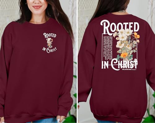 Women Christian Sweatshirt Rooted in Christ Shirts Jesus Boho Faith Clothes - color: Wine Red, size: Large