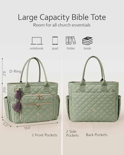 Large Bible Bag with Bible Cover Case for Women, Quilted Bible Tote Bag - color: Olive Green