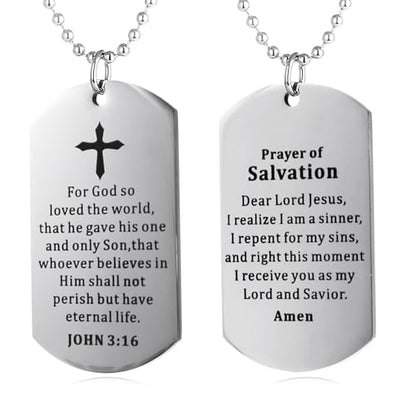 Christian Scripture Religious Dog Tag Necklace,Catholic Bible Verse Baptism Confirmation Sacrament Gifts - style: Prayer of Salvation+JOHN 3:16