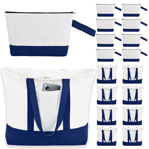 2-Pack Canvas Tote Bags and Makeup Bags, Cotton Zipper Bag, Navy Blue - color: Navy Blue/White