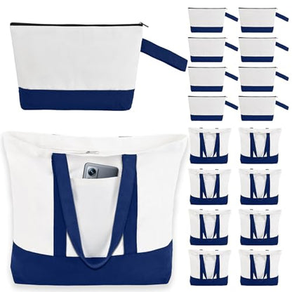 2-Pack Canvas Tote Bags and Makeup Bags, Cotton Zipper Bag, Navy Blue - color: Navy Blue/White