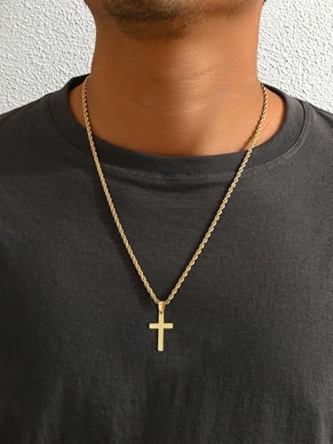 Cross Necklace for Boys Mens Stainless Steel Twisted Rope Chain Cross Pendant Rustproof Necklace for Teen Boy Mens Christian First Communion Confirmation Gifts for Boys - color: Gold
