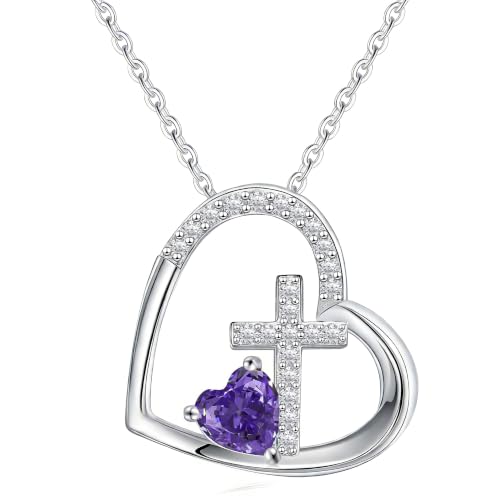 JSJOY Cross Necklace Christian Gifts for Women Heart Birthstone Necklace Religious Birthday Gifts for Mom Daughter Christmas Stocking Stuffers Baptism Confirmation Gifts for Teens - color: Silver - 02 Amethyst