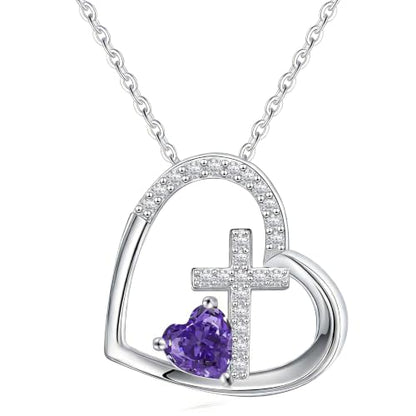 JSJOY Cross Necklace Christian Gifts for Women Heart Birthstone Necklace Religious Birthday Gifts for Mom Daughter Christmas Stocking Stuffers Baptism Confirmation Gifts for Teens - color: Silver - 02 Amethyst