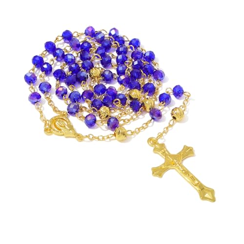 KOMI Crystal Rosary Beads with Jesus Crucifix, Catholic Necklace for Women First Communion Rosarios Wedding Rosary with Velvet Bag - style: 6MM-blue-2