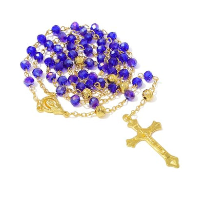 KOMI Crystal Rosary Beads with Jesus Crucifix, Catholic Necklace for Women First Communion Rosarios Wedding Rosary with Velvet Bag - style: 6MM-blue-2