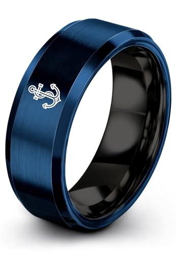 Gift for Nautical Fan - Anchor With Rope Ring - Men Women - Tungsten - Flat Dome Bevel - Band - Yellow Gold Black Silver Blue - Anniversary Wedding - 8mm - Brushed Polished - Personalized Custom Engra - color: 12 - Black Blue Tungsten