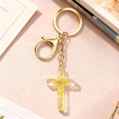 Angyape Cute Christian Cross Keychain for Women Purse Bag Charms Car Key Rings Accessories Flower Design Jesus Faith Gifts - color: D: Yellow Keychain