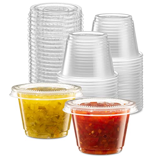 {2.5 oz - 100 Sets} Clear Diposable Plastic Portion Cups With Lids, Small Mini Containers For Portion Controll, Jello Shots, Meal Prep, Sauce Cups, Slime, Condiments, Medicine, Dressings, Crafts, Disposable Souffle Cups & Much more - color: Clear, size: 2