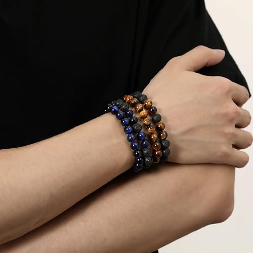 Mens Beaded Bracelets, 8MM Beaded Bracelets for Men, Natural Tiger Eye Bead Bracelet, Stretch Elastic Beads Bracelets for Men - color: 4 yellow volcanic blue tiger eye