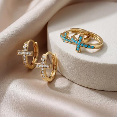MYEARS Gold Cross Hoop Earrings for Women Trendy 14K Gold Plated Small Hoops Huggie Earrings White Cubic Zirconia Turquoise Minimalist Simple Christmas Christian Cross Jewelry Gifts - color: Turquoise