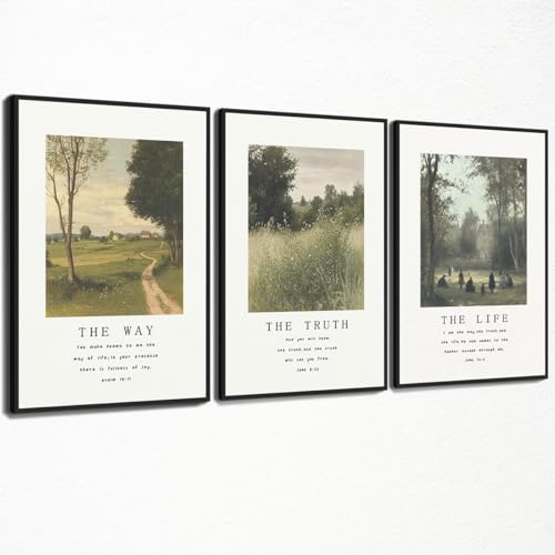 Christian Canvas Wall Art, Religious Scripture The Way The Truth The Life Poster, Set of 3 Bible Verses Print, Biblical Landscape Picture, Modern Spiritual Painting for Prayer 12x16in Unframed - color: Set 2-Unframed, size: 12L" x 16W"