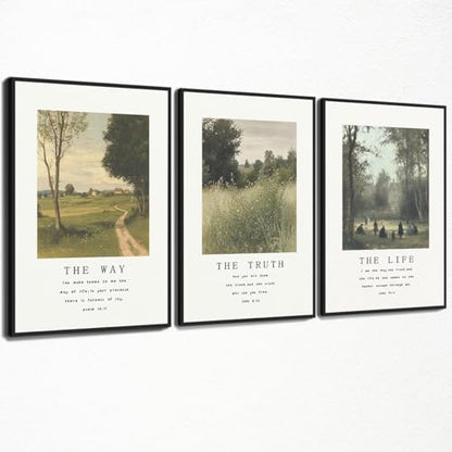 Christian Canvas Wall Art, Religious Scripture The Way The Truth The Life Poster, Set of 3 Bible Verses Print, Biblical Landscape Picture, Modern Spiritual Painting for Prayer 12x16in Unframed - color: Set 2-Unframed, size: 12L" x 16W"