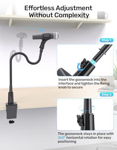 19-in Gooseneck Mic Stand with Desk Clamp, 3/8 & 1/4 Adapters, 360° Swivel - size: Upgraded Clamp
