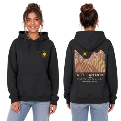 Christian Bible Verse Hoodie For Women Faith Can Move Mountains Sweatshirt Religious Sun And Mountain Graphic Hoodie - color: Black, size: Large